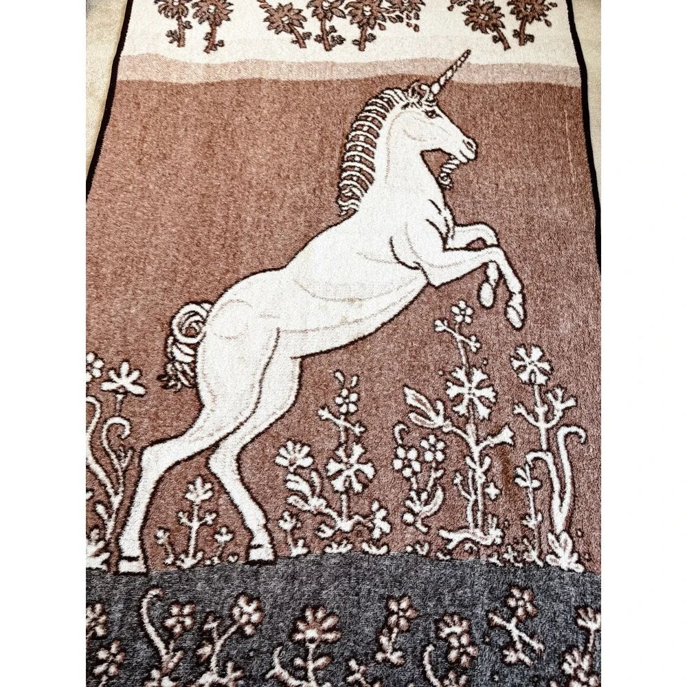 Vintage Reversible Unicorn Throw Blanket Floral Cottagecore Brown 84 x 52 Plush